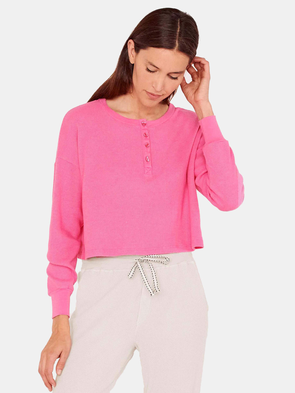 Sundry Women's Thermal Boxy Henley - Saint Bernard