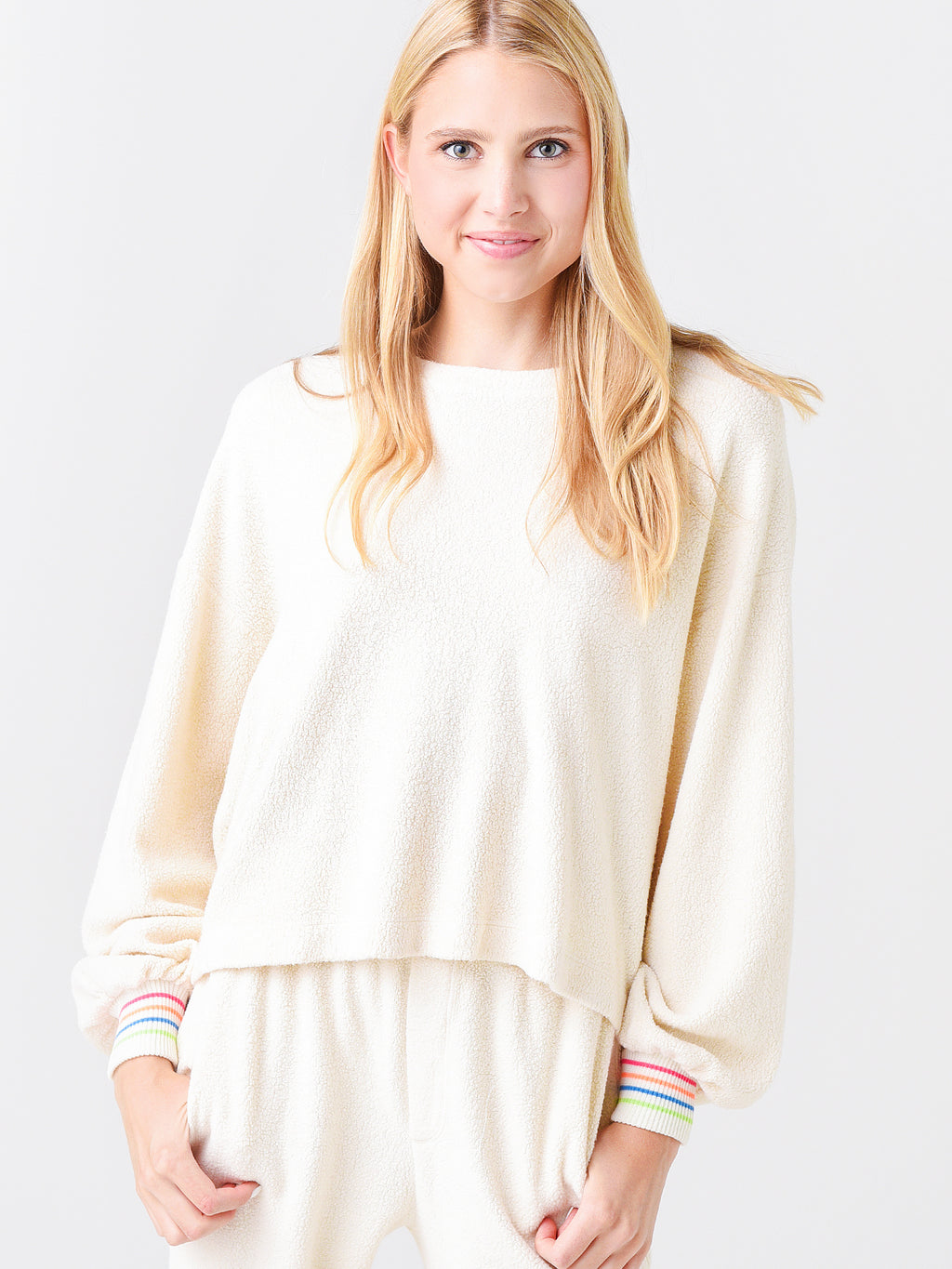 Sundry Women's Stripe Cuff Faux Sherpa Sweatshirt - Saint Bernard