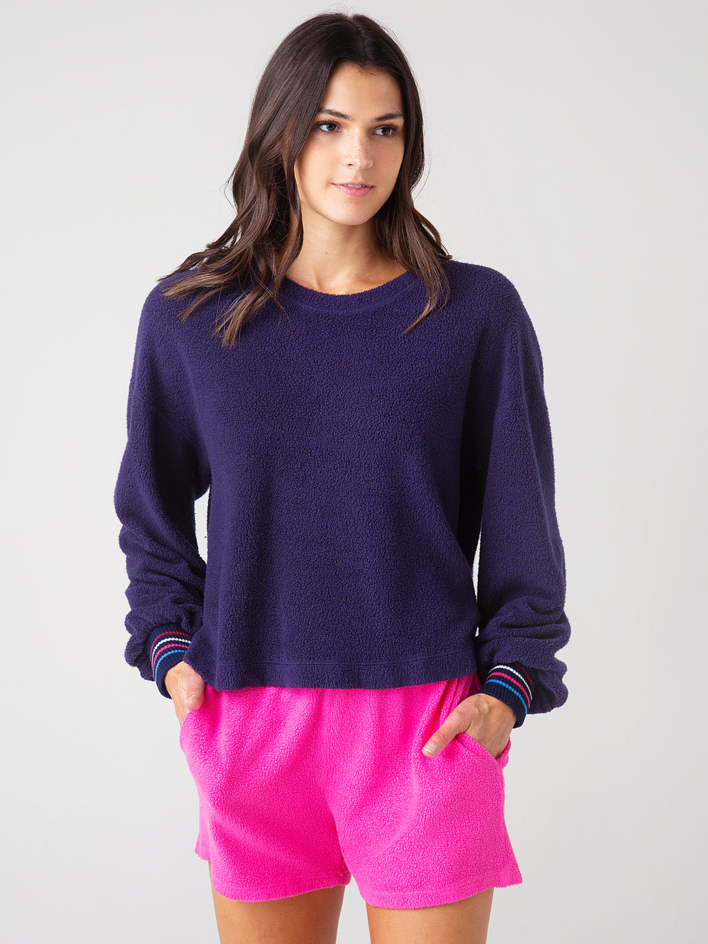 Sundry Women's Stripe Cuff Faux Sherpa Sweatshirt - Saint Bernard
