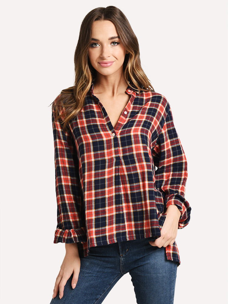 Trovata Women's Logan Henley Plaid Top - Saint Bernard