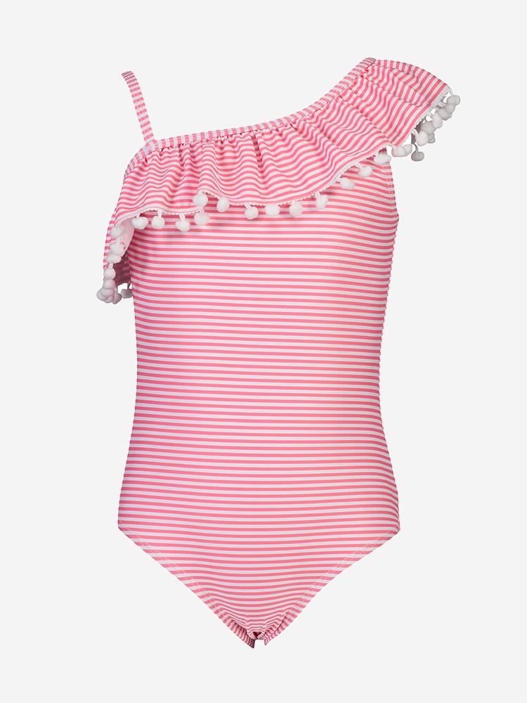 Snapper Rock Girls' Red & White Stipe One Shoulder Frill Swimsuit - Saint Bernard