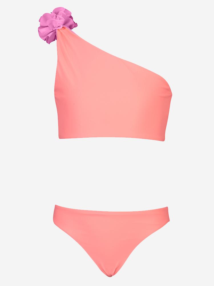 Snapper Rock Girls' Neon Coral Reversible One Shoulder Bikini With Pom Pom