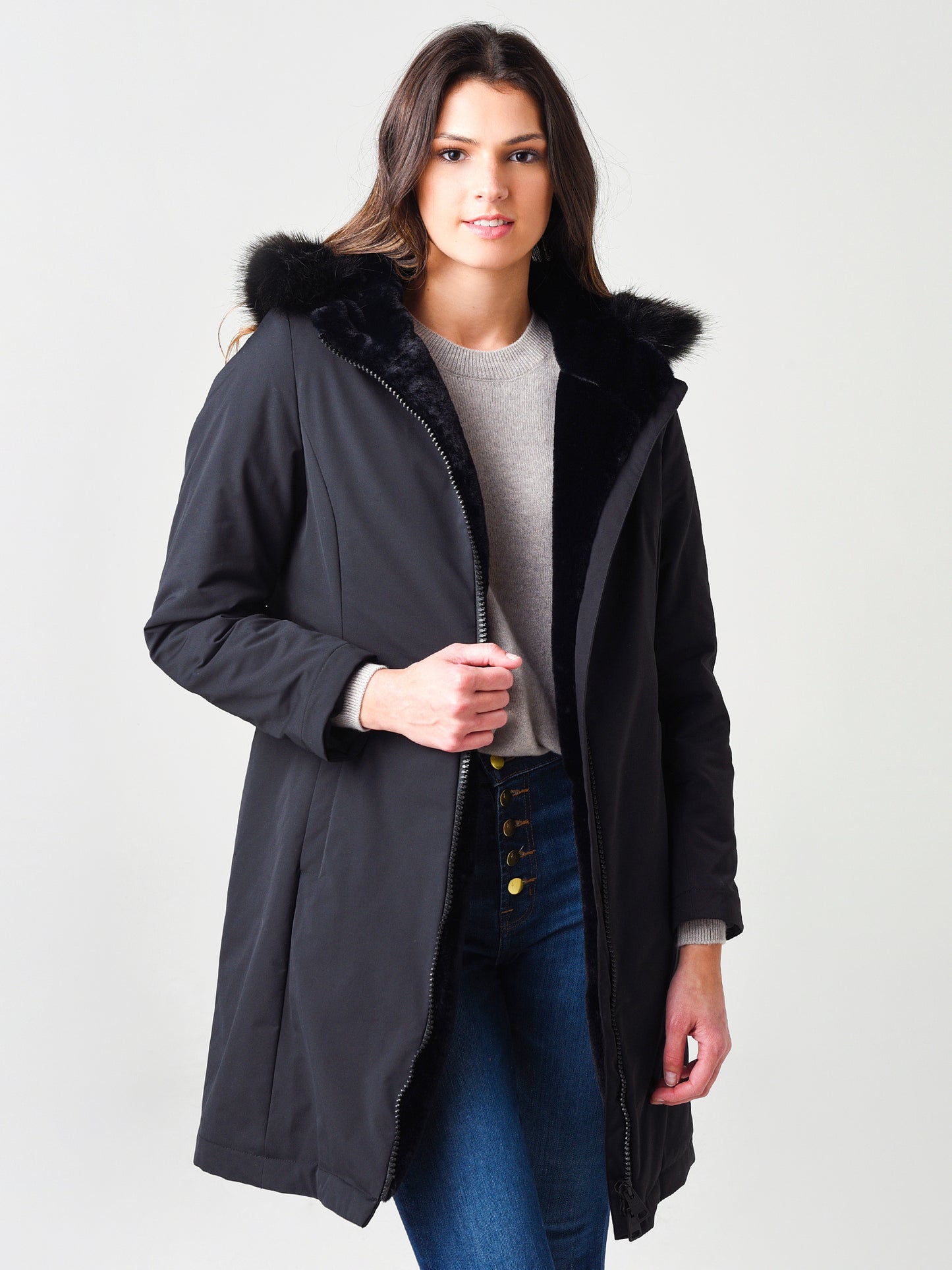 Herno Women's Straight Fitted Coat With Faux-Fur Lining And Faux-Fur Collar - Saint Bernard