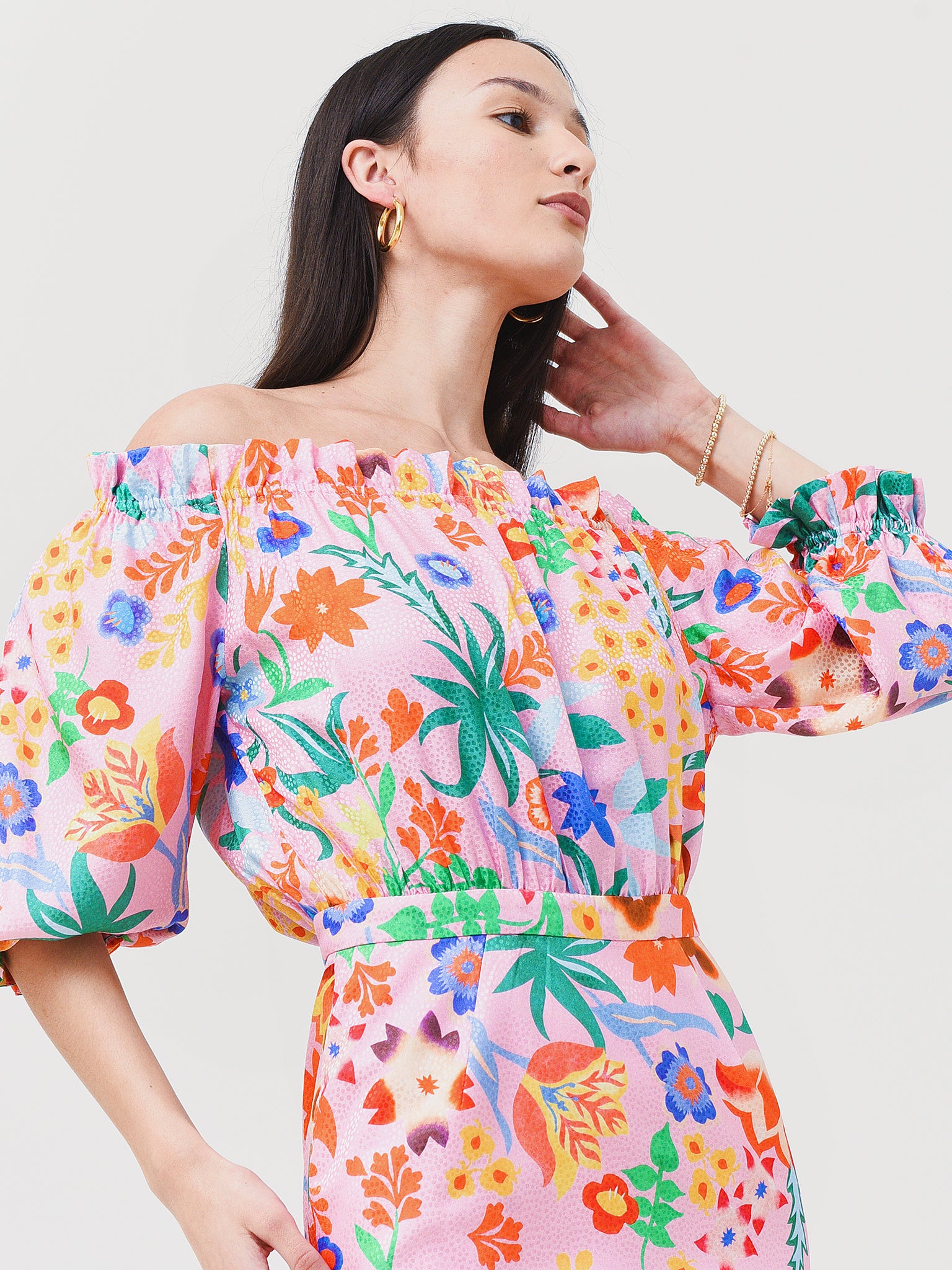 saloni grace off the shoulder dress SALONI Grace off-the-shoulder floral-print silk crepe de chine midi dress
