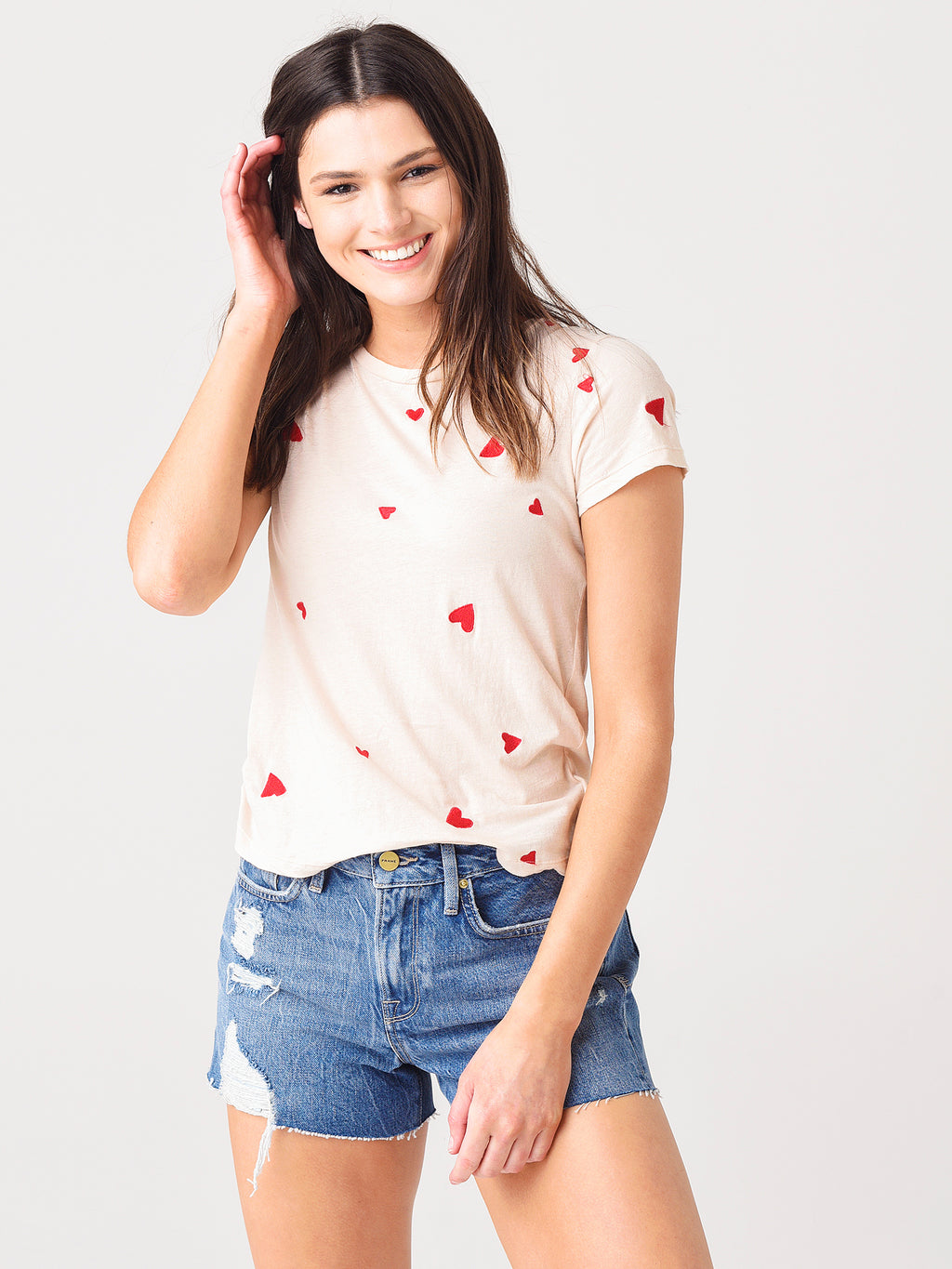 Monrow Women's All-Over Embroidered Heart 90's Tee - Saint Bernard