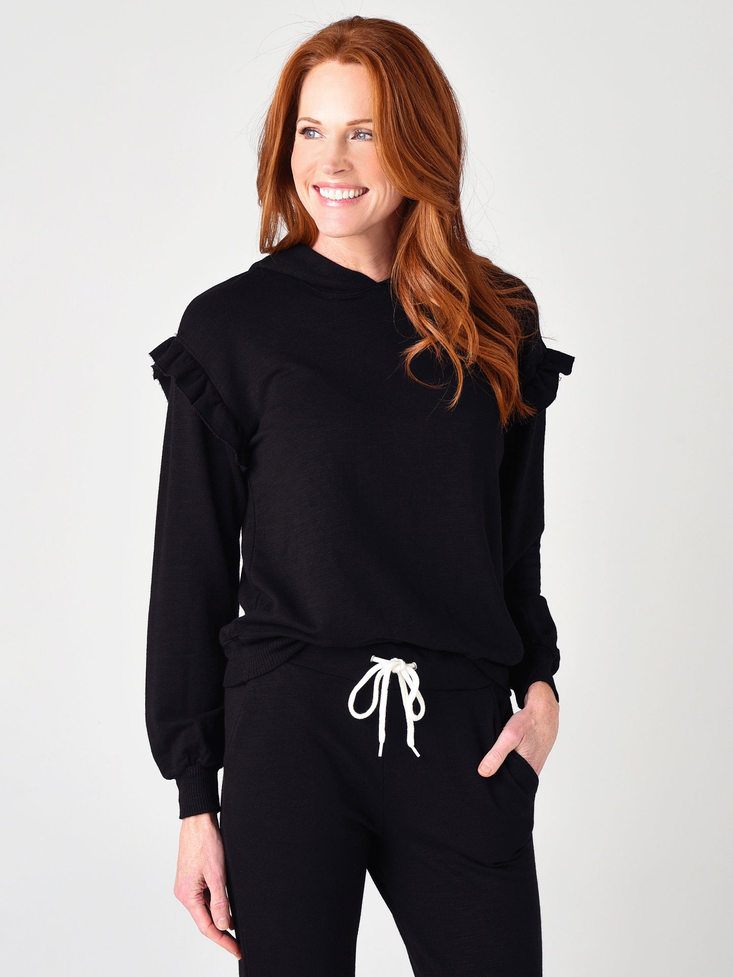 Monrow Women's Super Soft Pull Over Hoody With Ruffle Inset - Saint Bernard