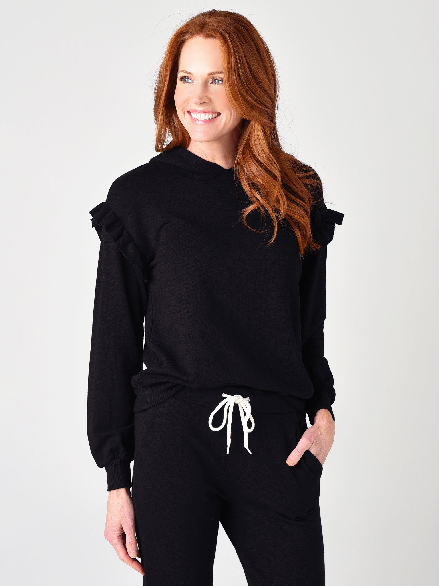 Monrow Women's Super Soft Pull Over Hoody With Ruffle Inset - Saint Bernard