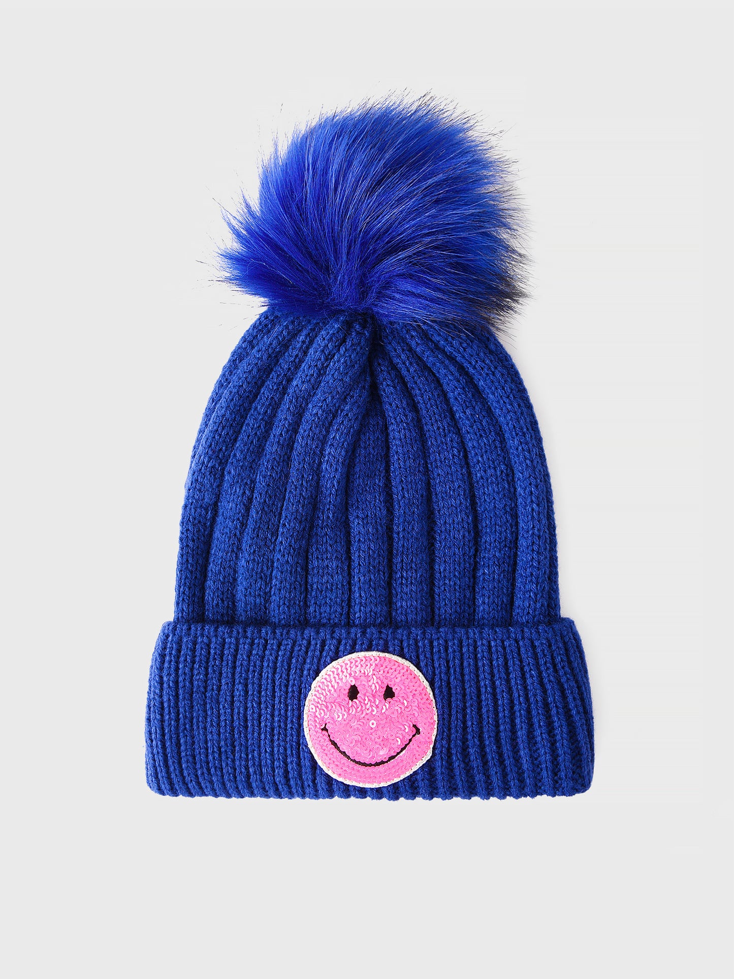 Jocelyn Kids' Knitted Hat with Patches and Faux Fur Pom