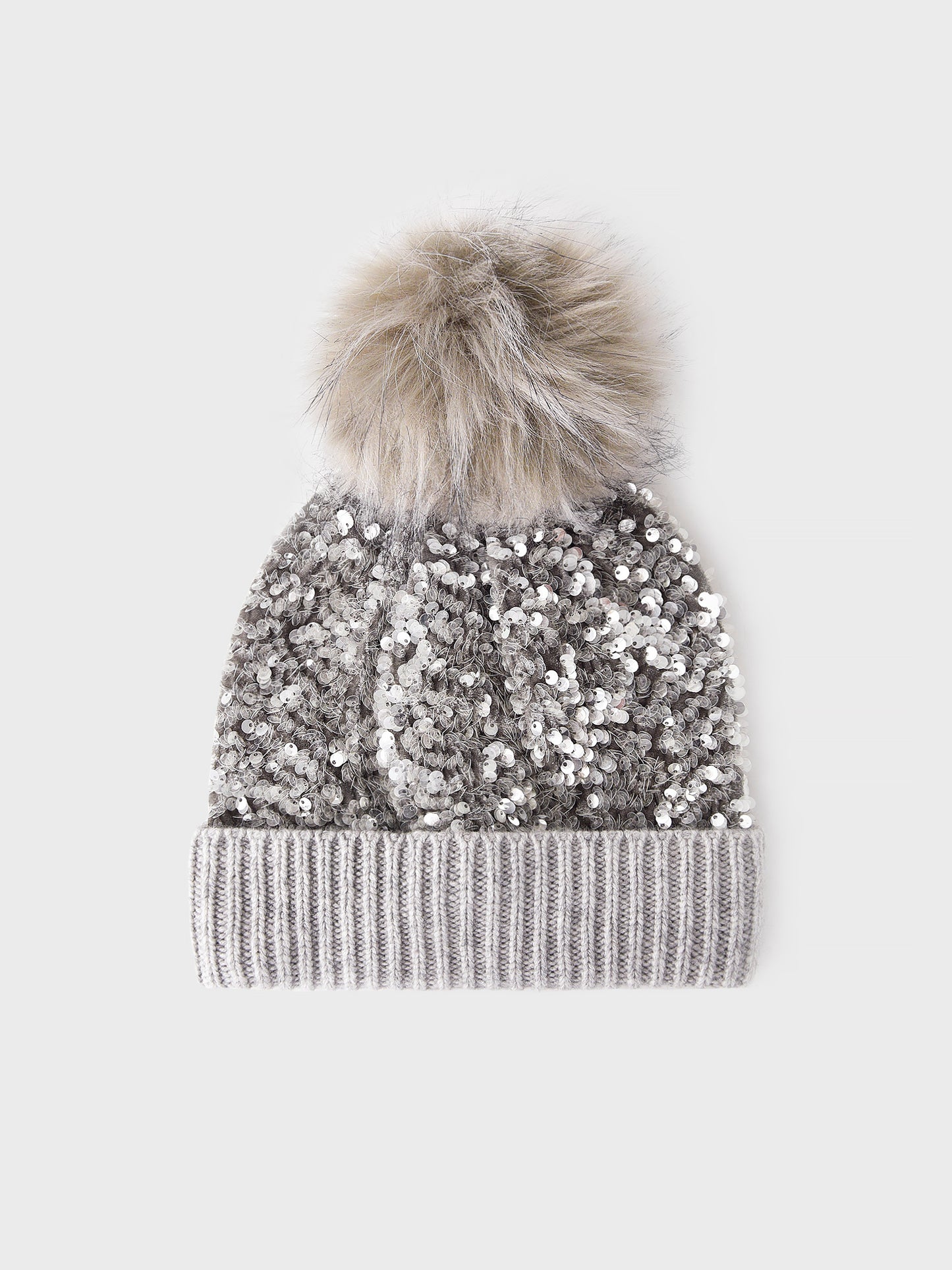 Jocelyn Girls' Sequin Hat with Cuff and Faux Fur Pom