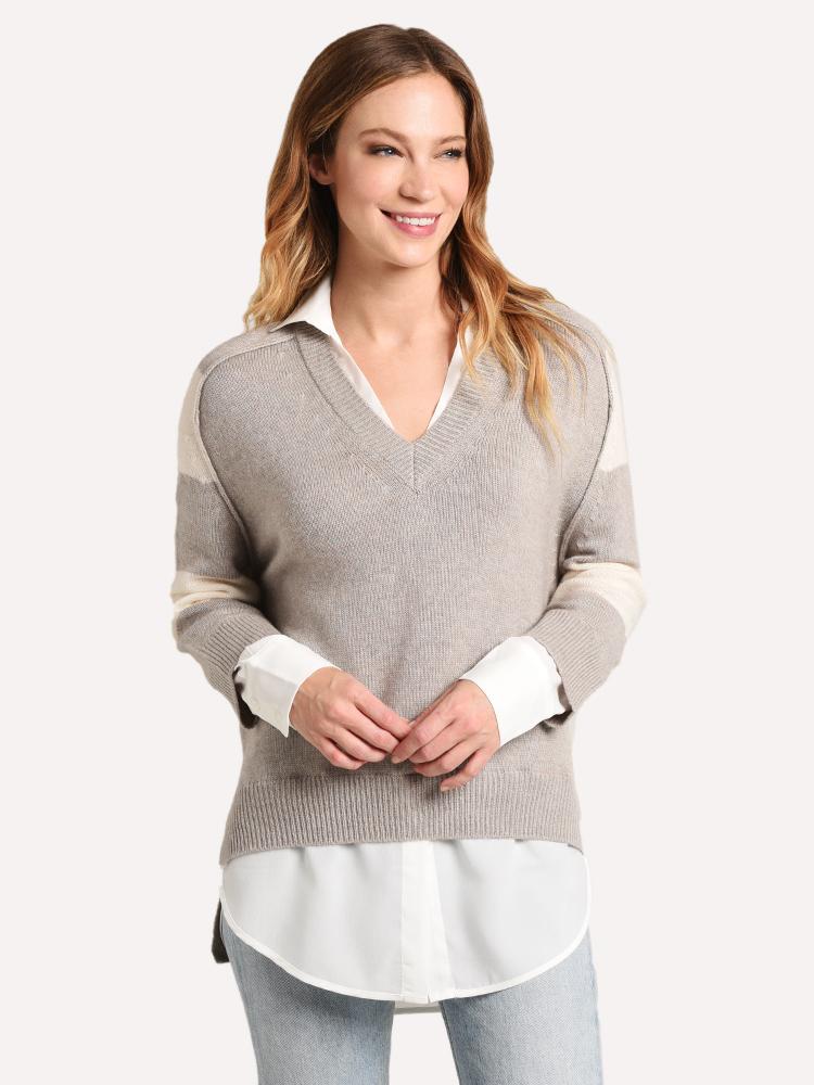 Brochu Walker Striped V Neck Layered Pullover - Saint Bernard