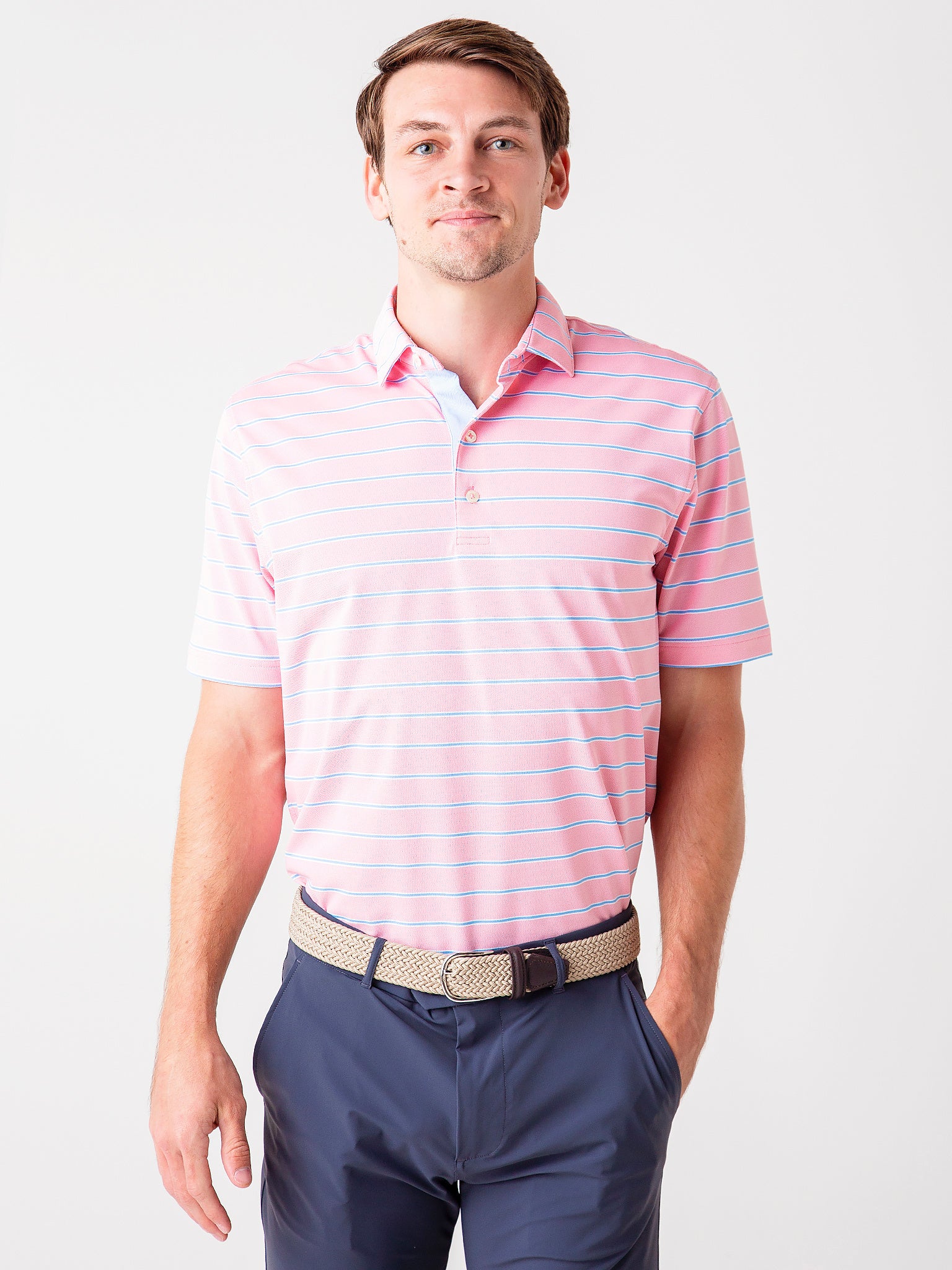 JOHNNIE-O Men's Jacob Prep-Formance Mesh Stripe Polo - Saint Bernard