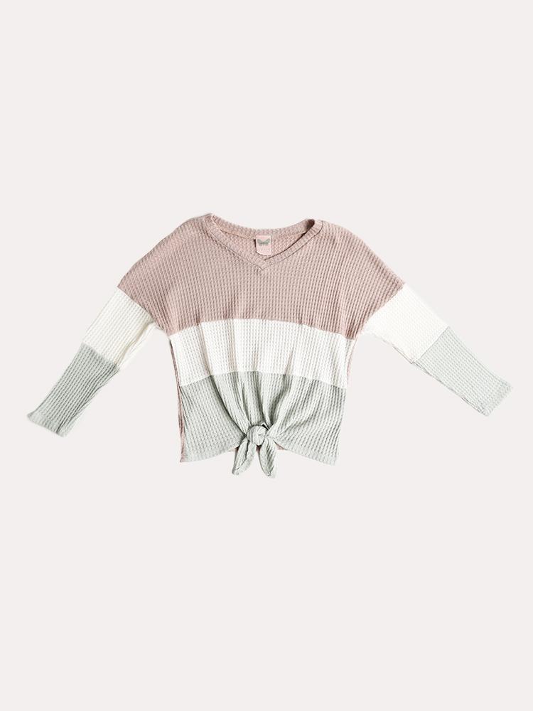 For All Seasons Long Sleeve Waffle Color Block Top