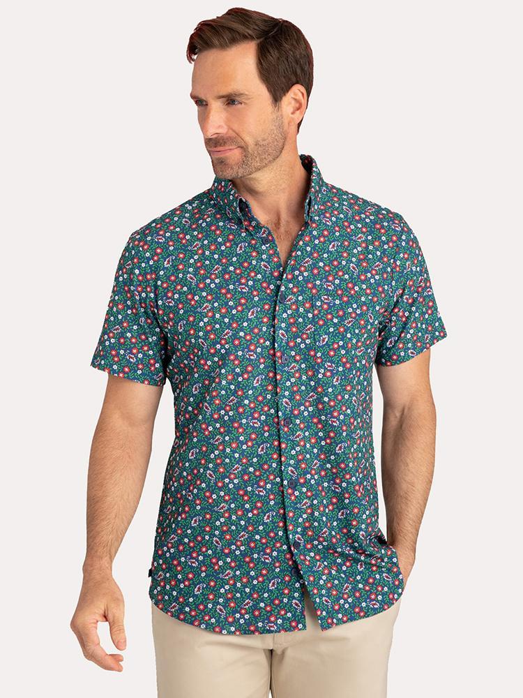 Mizzen+Main Meadows Floral Print Short Sleeve Button Down Shirt - Saint Bernard