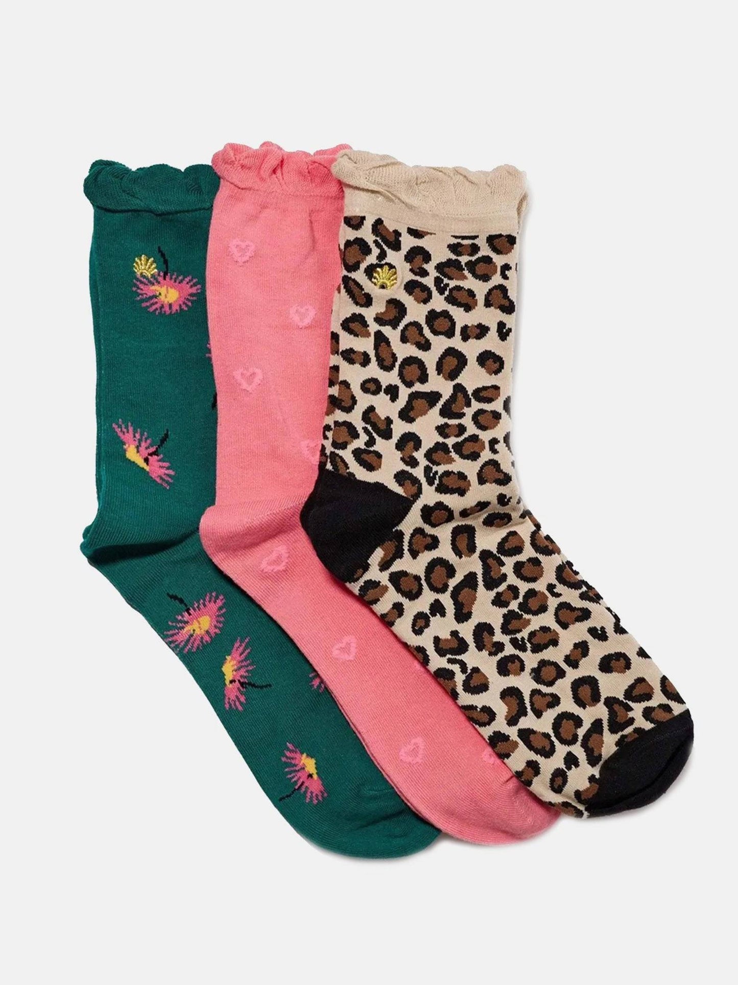 Lele Sadoughi Leopard Daisy Set of 3 Sweetheart Safari Socks - Saint Bernard