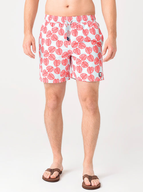 Tom & Teddy Men's Sky Blue & Red Leaves Tailored Swim Trunks