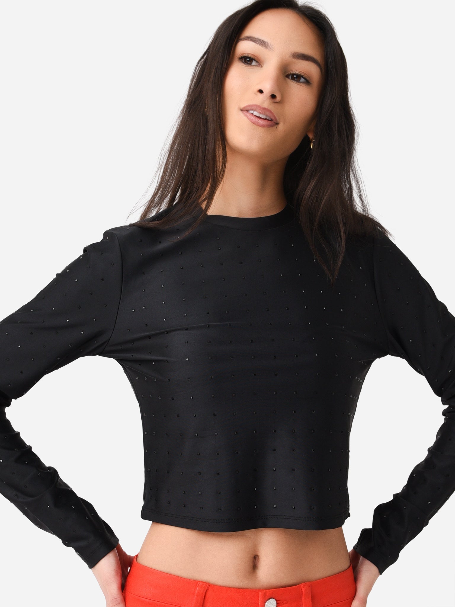 Frame Women's Cropped Long Sleeve Rhinestone Top | $198.00 | Saint Bernard