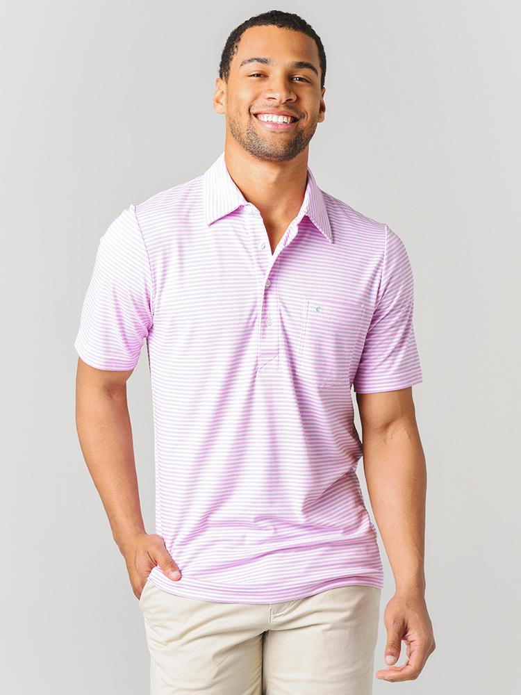 Criquet Men’s Performance Pique Players Shirt Nelson Stripe – Pink Polo - Saint Bernard