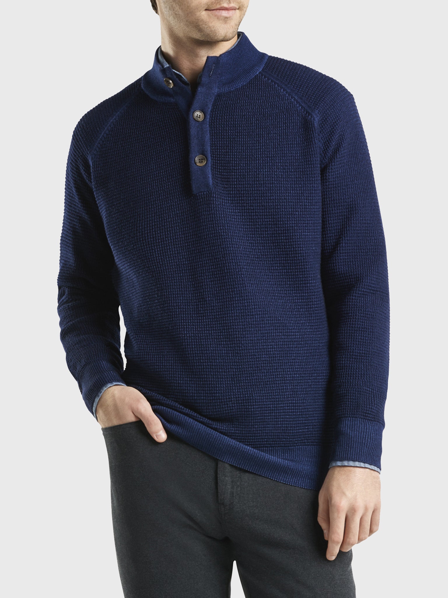 Peter Millar Mountainside Men's Waffle Stitch Button-Mock Sweater - Saint Bernard