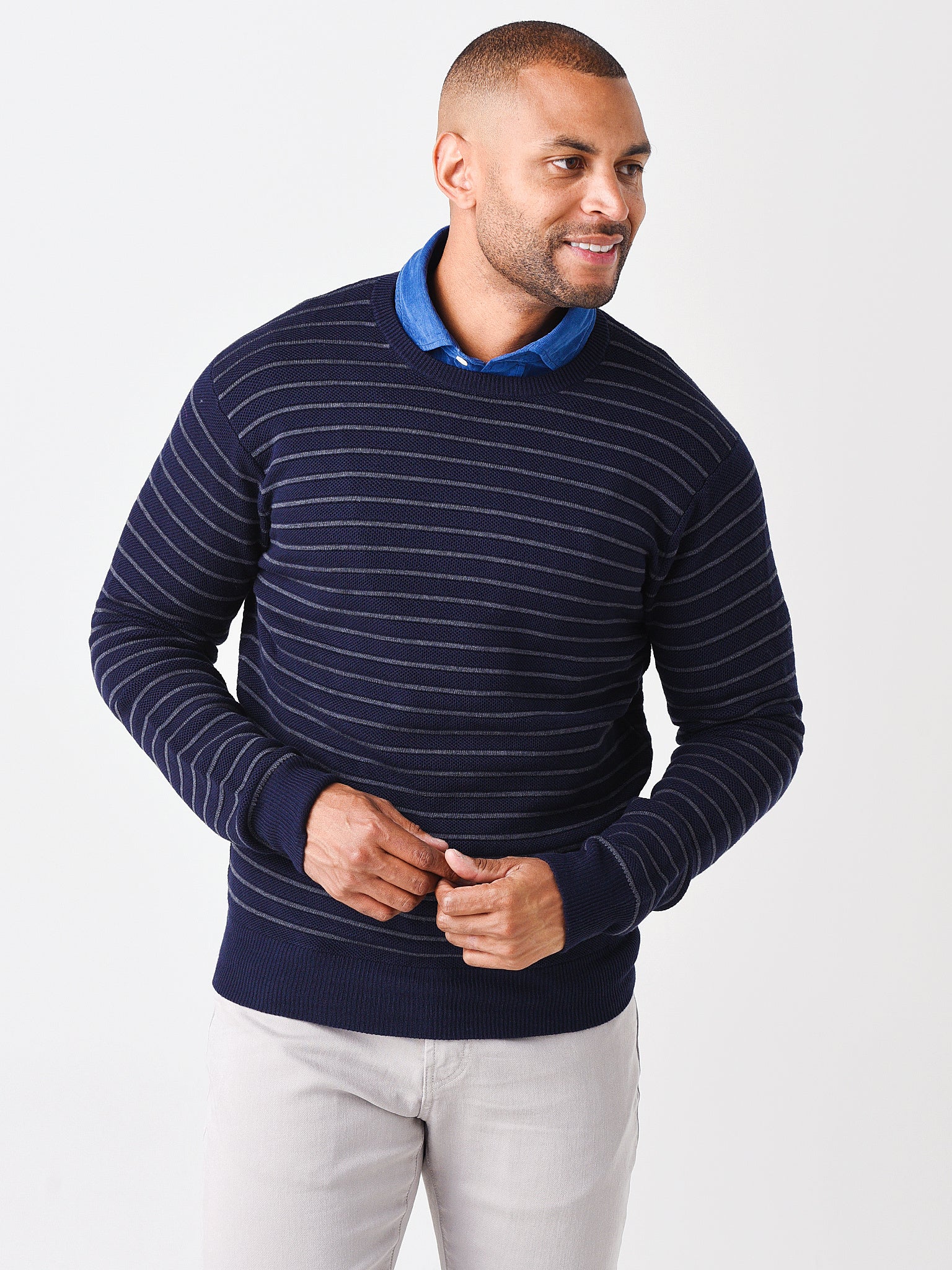 Peter Millar Crown Men's Cotton-Merino Striped Honeycomb Crewneck - Saint Bernard