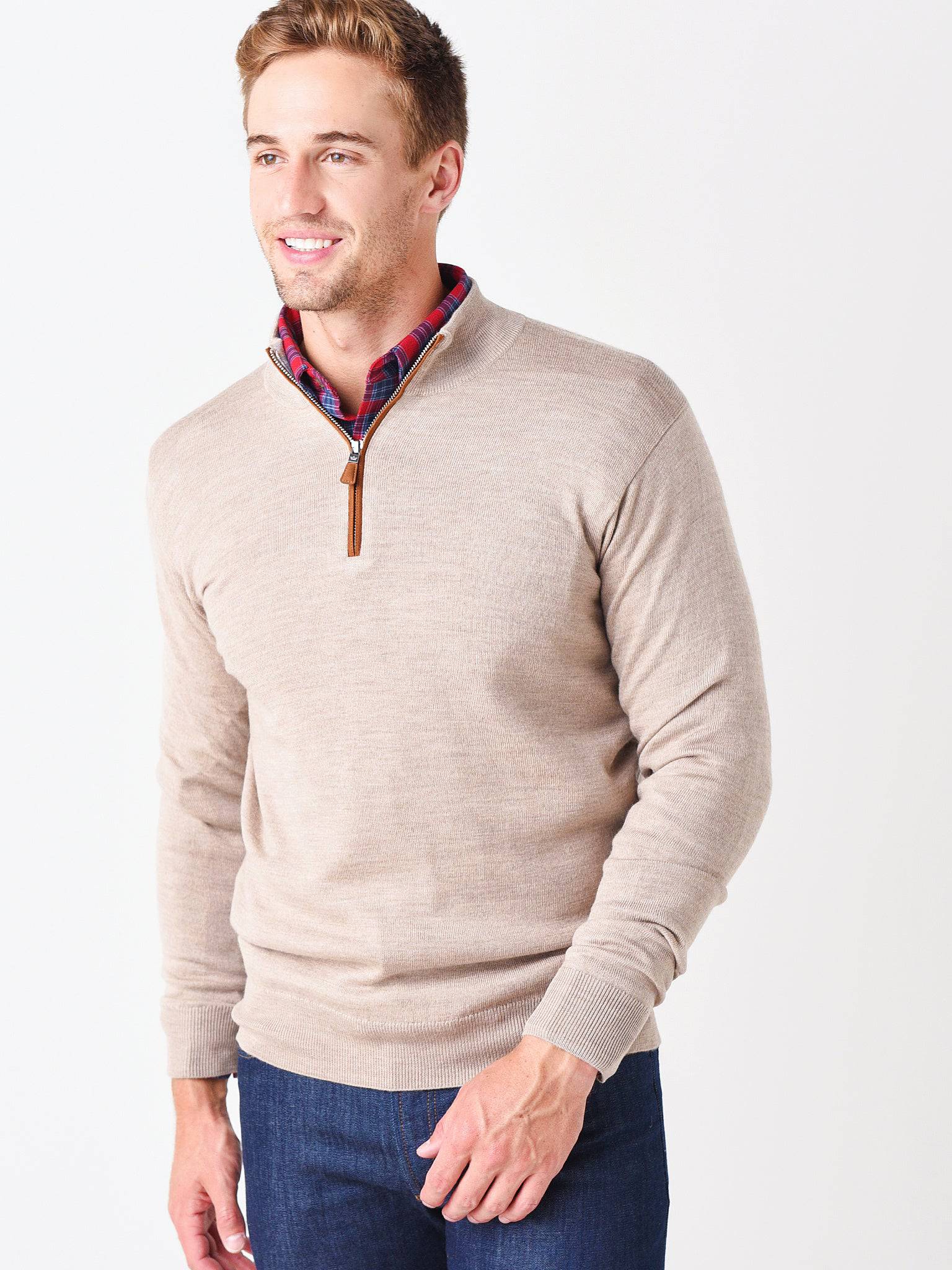 Peter Millar Crown Men's Soft Suede Trim Quarter-Zip Pullover - Saint Bernard