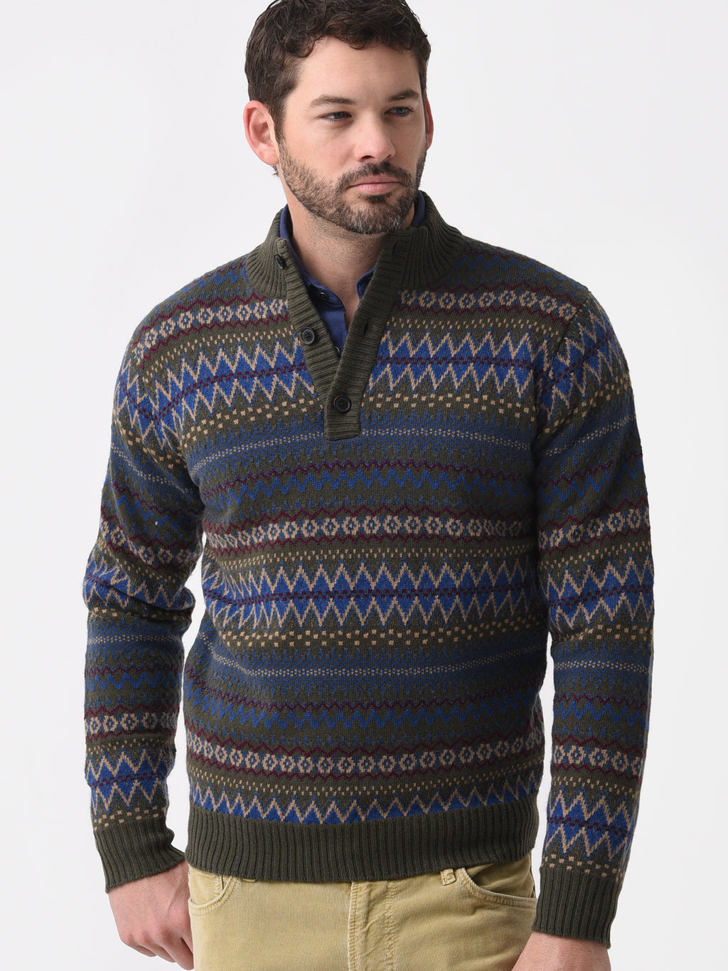 Peter Millar Crown Crafted Men's Ferrin Fair Isle Button Mock Sweater - Saint Bernard