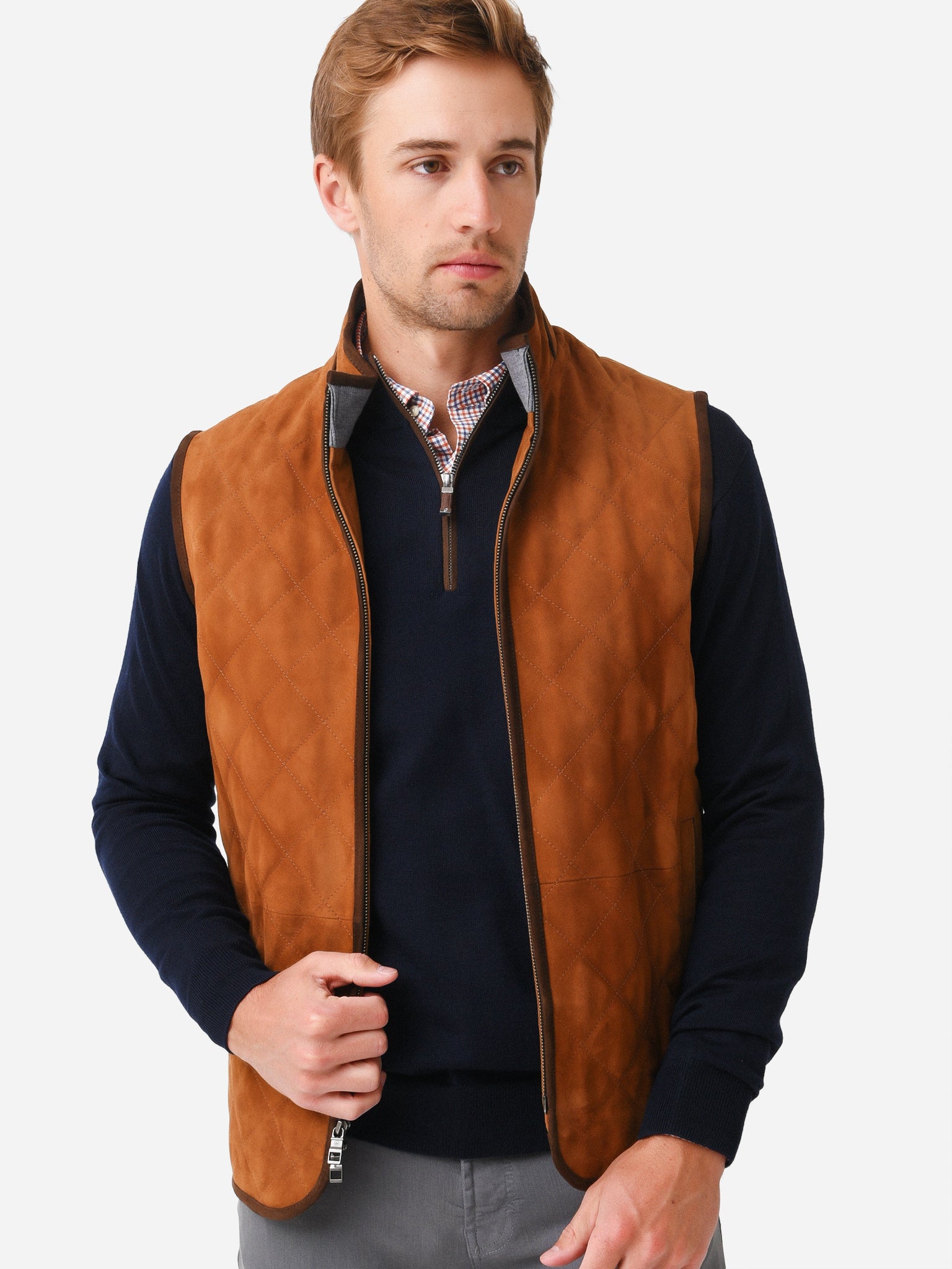 Peter Millar Crown Men's Essex Quilted Suede Travel Vest - Saint Bernard