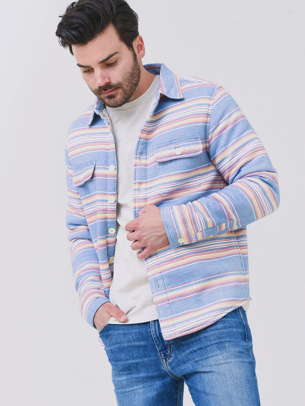 Faherty Brand Men's Sherpa Lined Stripe Shirt Jacket - Saint Bernard