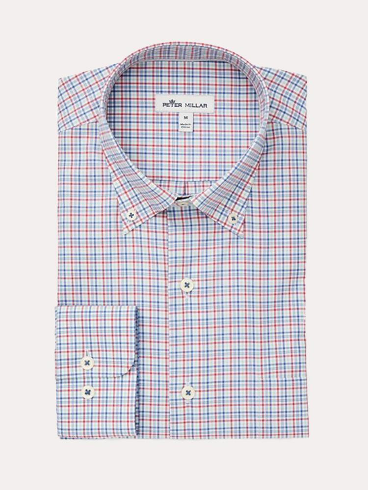 Peter Millar Men's Crown Finish Watch Hill Mini-Check Sport Shirt - Saint Bernard