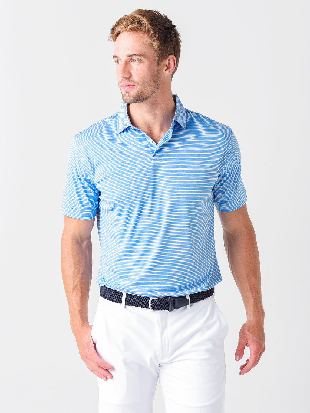 Peter Millar Crown Sport Men's Featherweight Melange Stripe Performance Polo - Saint Bernard