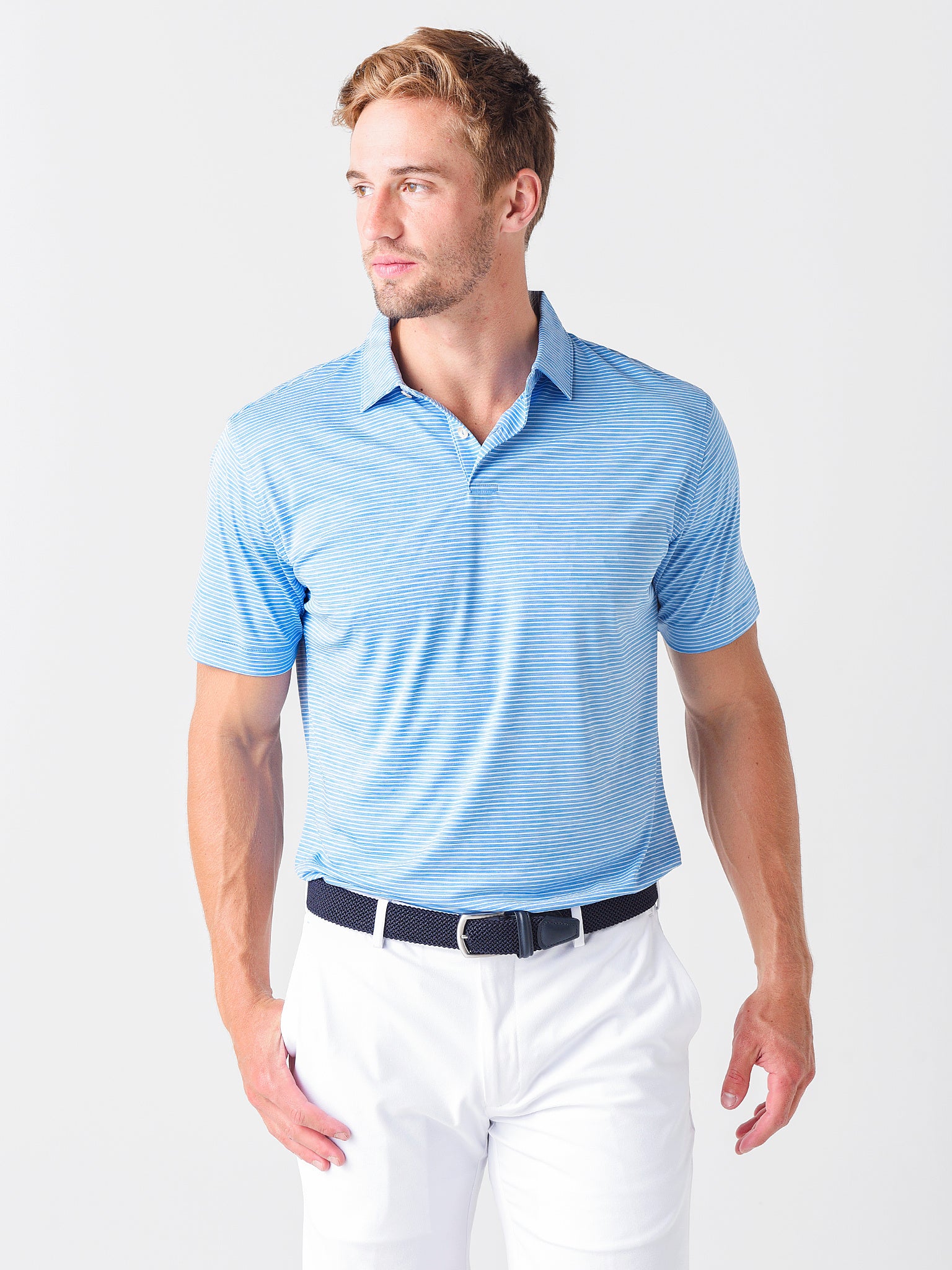 Peter Millar Crown Sport Men's Featherweight Melange Stripe Performance Polo - Saint Bernard
