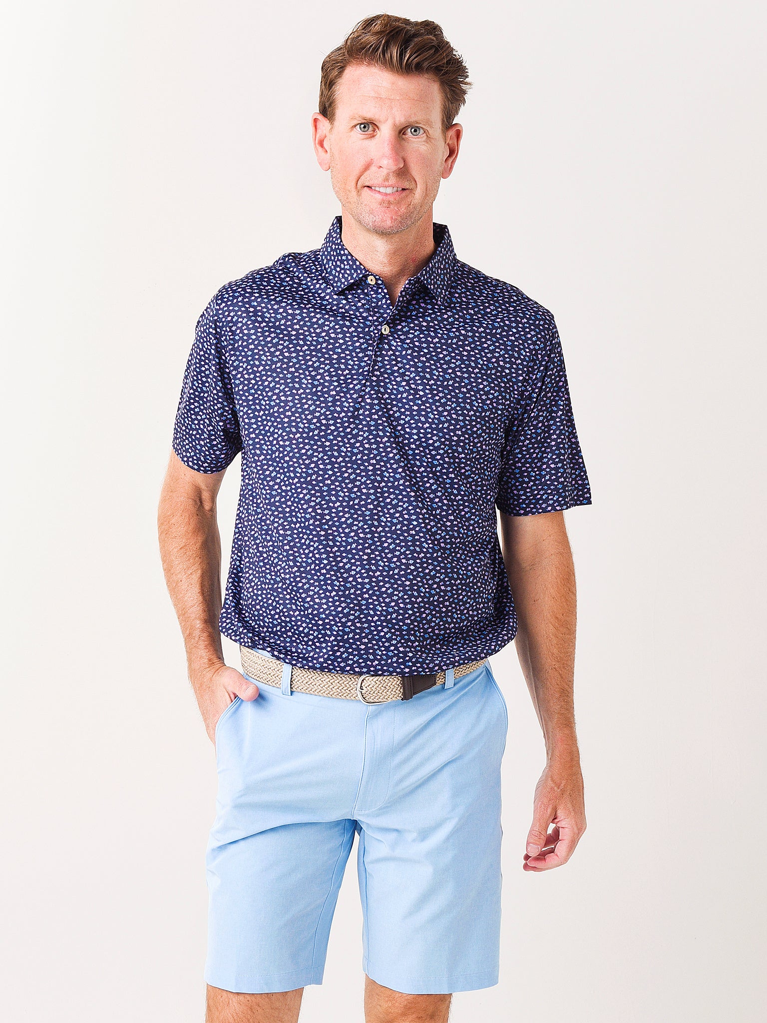 Peter Millar Crown Sport Men's Featherweight Printed Fish Performance Polo - Saint Bernard