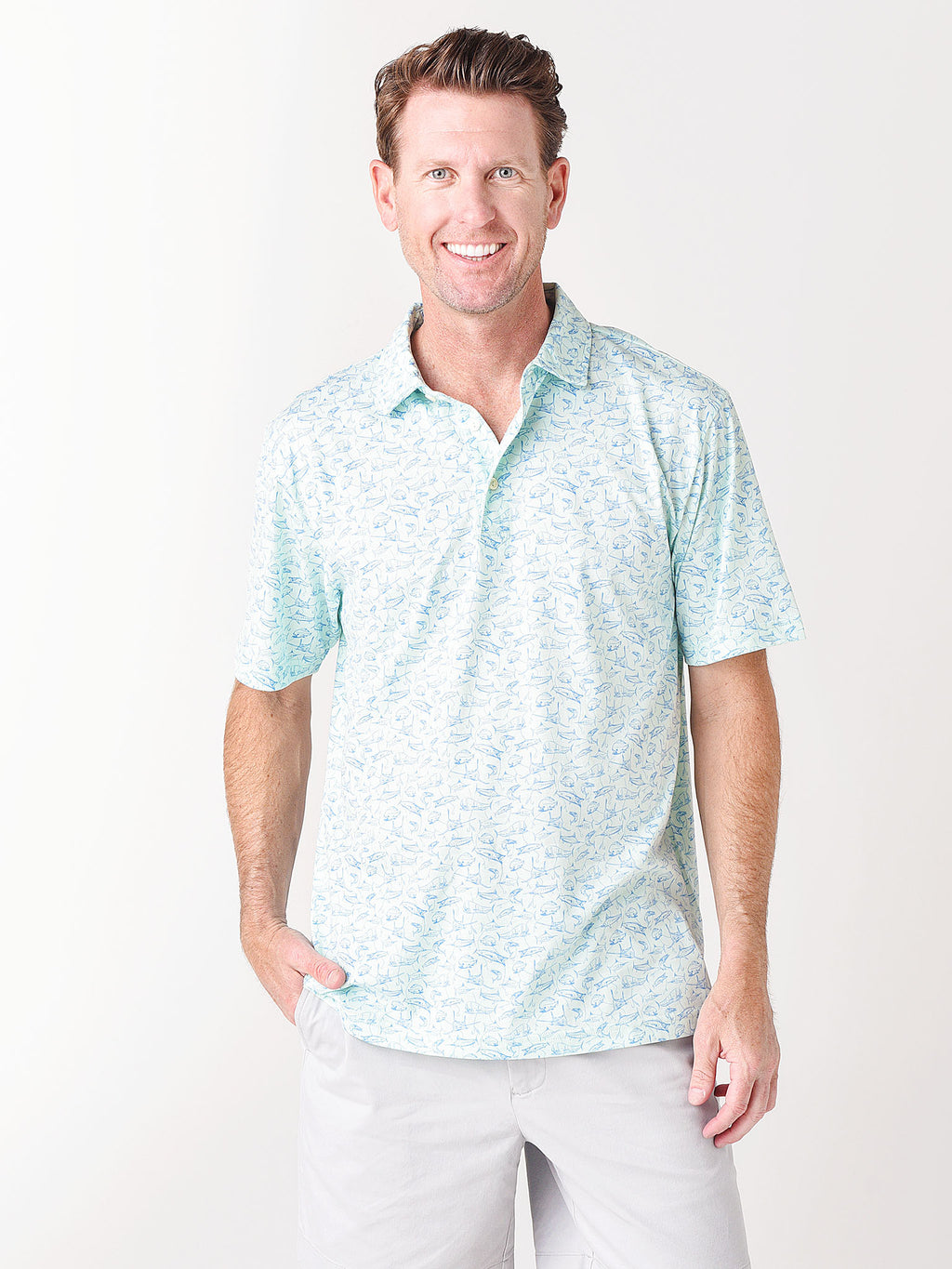 Peter Millar Seaside Men's Fish In The Sea Aqua Cotton Polo - Saint Bernard