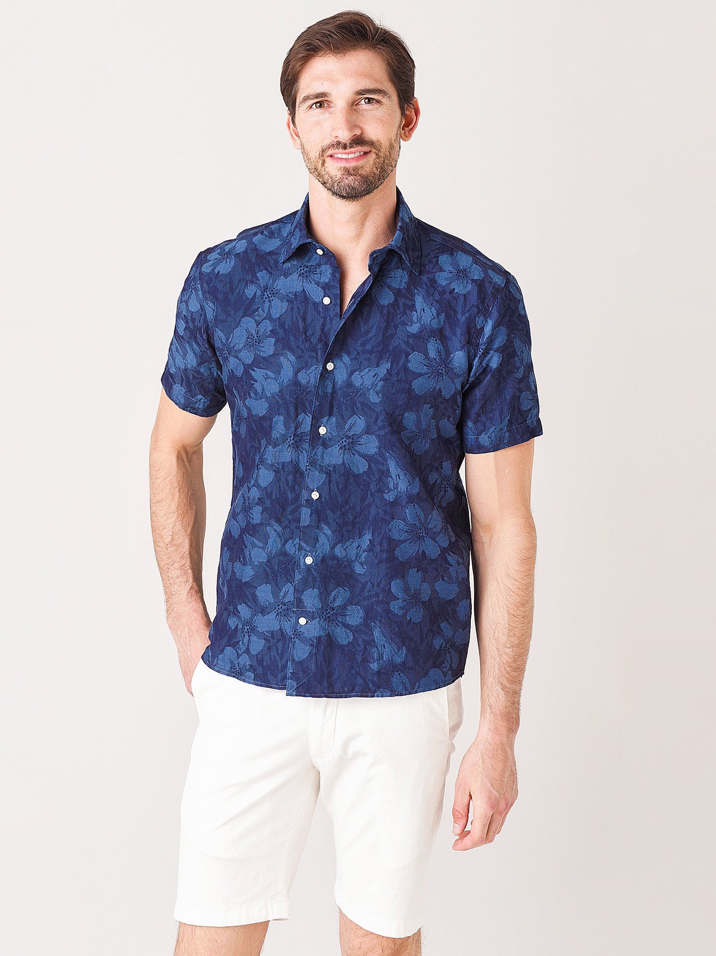 Peter Millar Collection Men's Indigo Floral Jacquard Short-Sleeve Sport Shirt