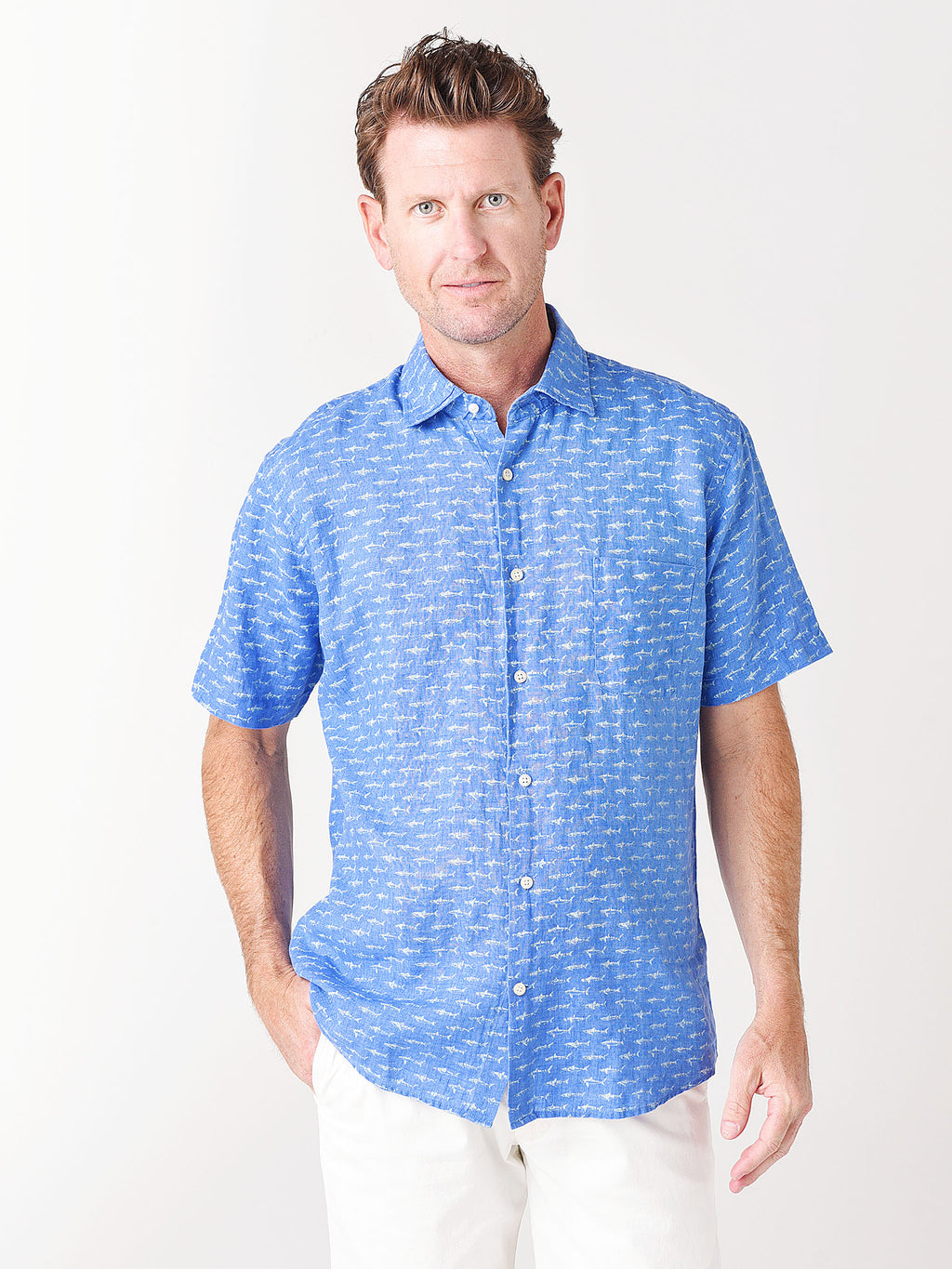 Peter Millar Seaside Men's Synchronized Swimming Linen Short-Sleeve Sport Shirt - Saint Bernard