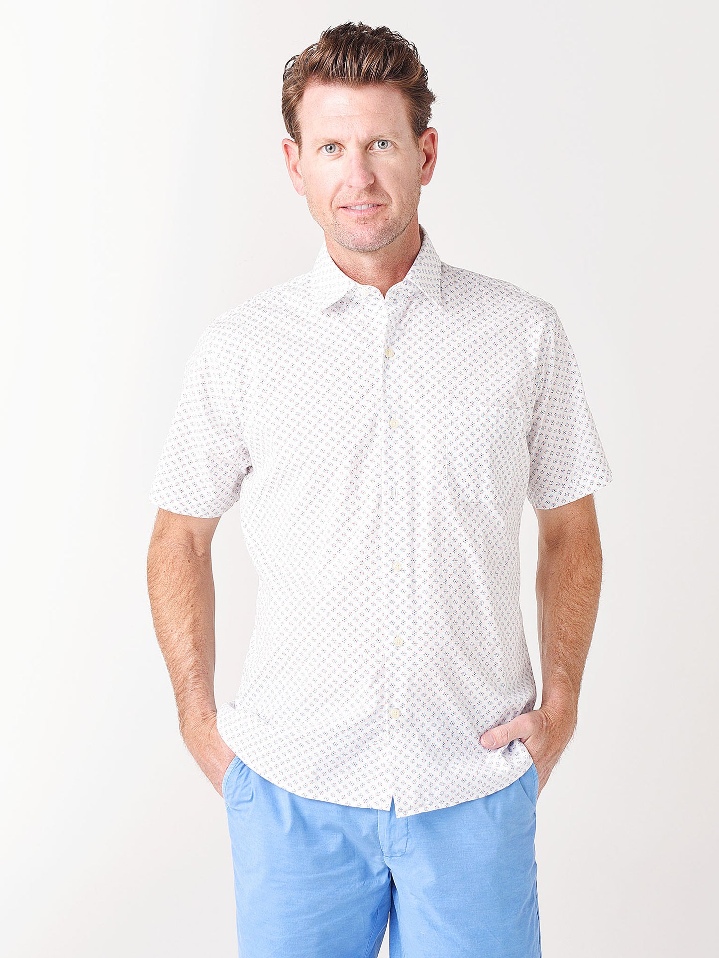 Peter Millar Seaside Men's Shark Tooth Cotton-Blend Short-Sleeve Sport Shirt - Saint Bernard