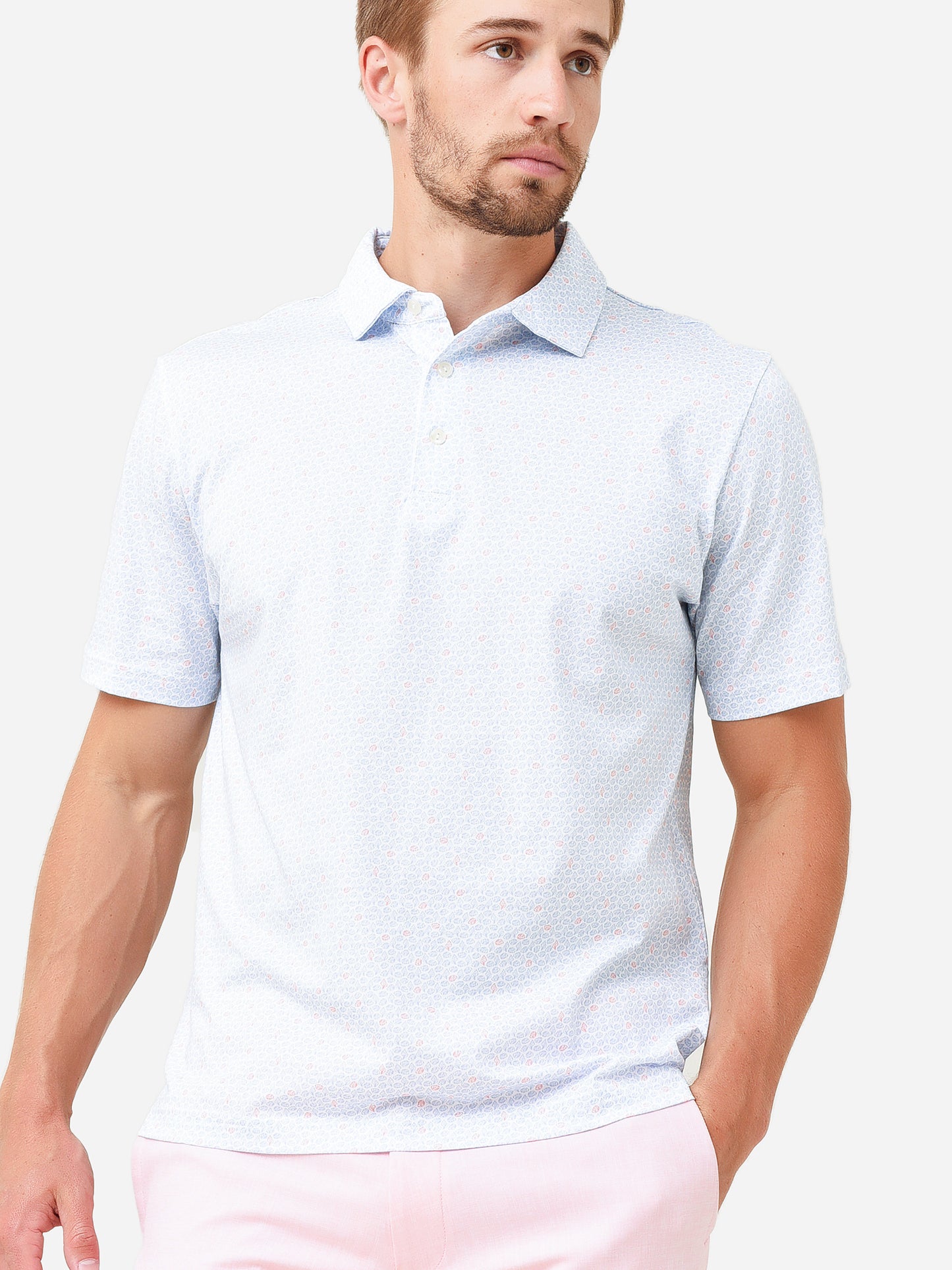 Peter Millar Seaside Men's Harkers Shell Geo Aqua Cotton Polo - Saint Bernard