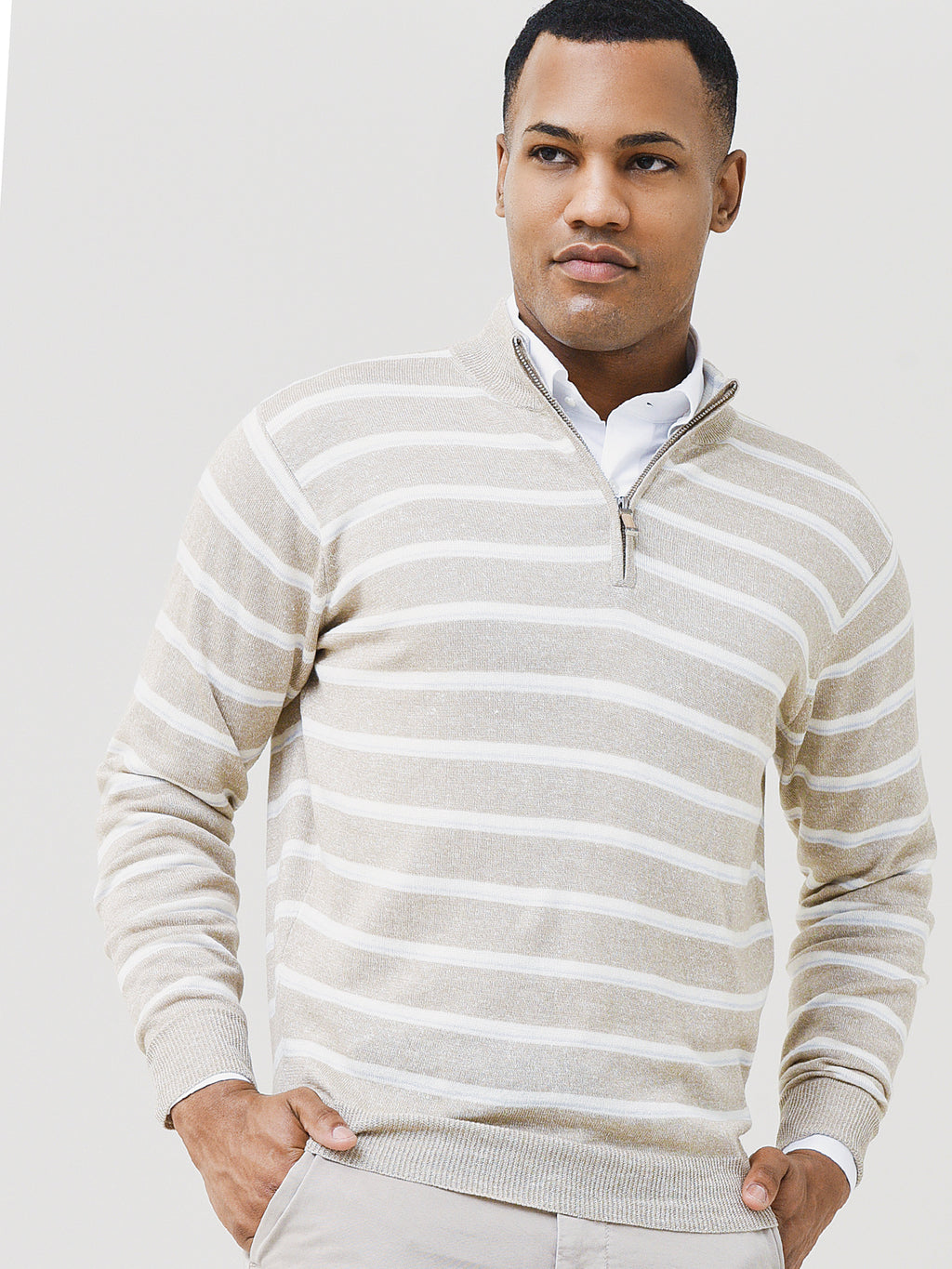 Peter Millar Seaside Men's Long Bay Multi-Stripe Quarter-Zip - Saint Bernard