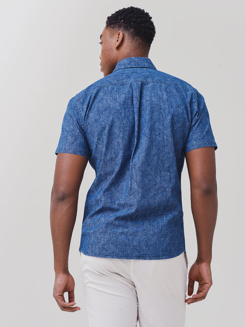 Peter Millar Seaside Men's Indigo Palms Cotton-Stretch Sport Shirt