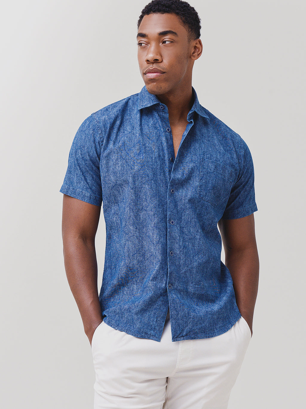 Peter Millar Seaside Men's Indigo Palms Cotton-Stretch Sport Shirt - Saint Bernard