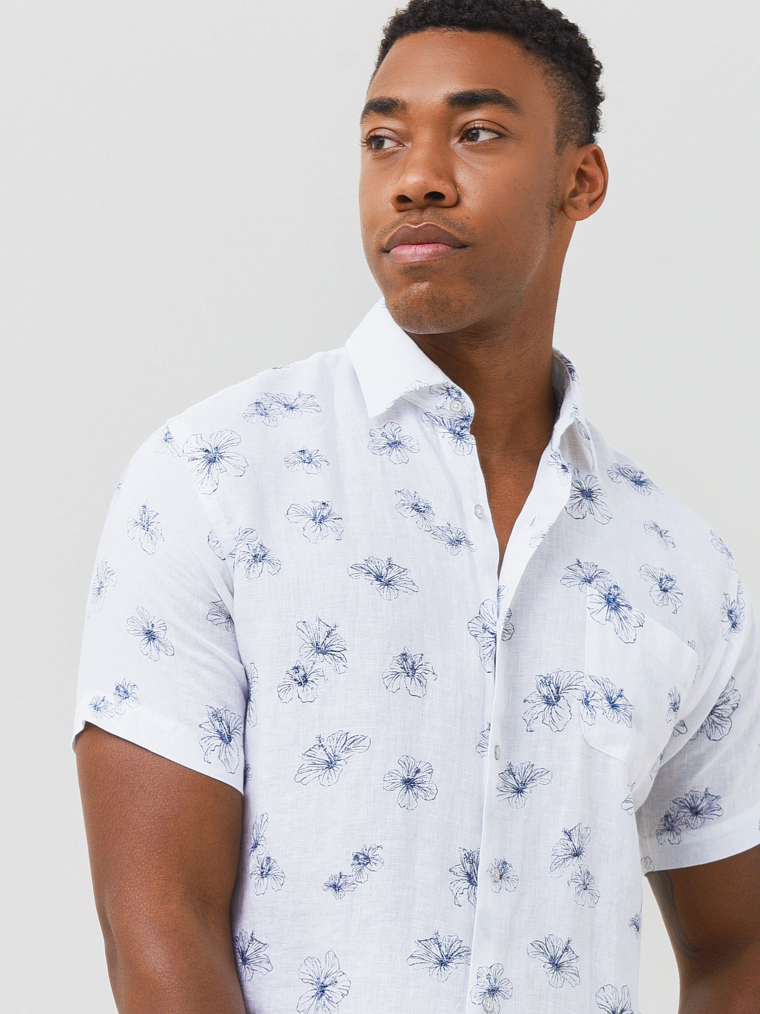 Peter Millar Seaside Men's Hibiscus Beach Linen Sport Shirt - Saint Bernard