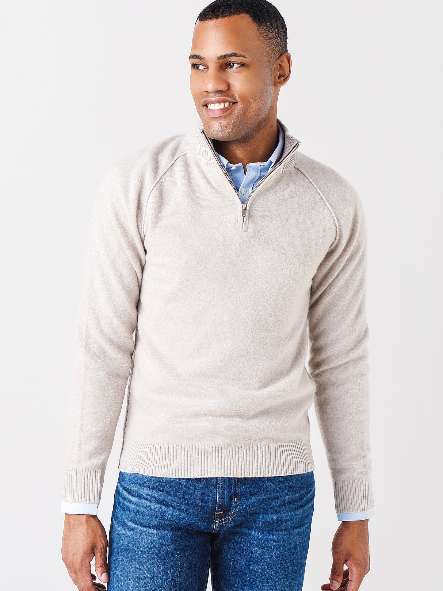 Naadam Cashmere Men's Quarter Zip with Contrast Seams - Saint Bernard