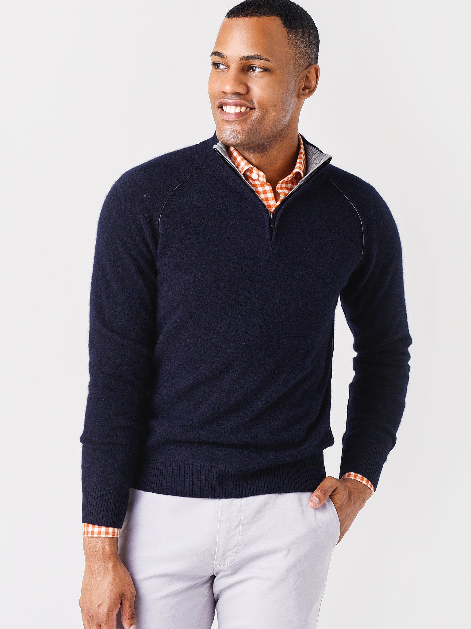 Naadam Cashmere Men's Quarter Zip with Contrast Seams - Saint Bernard