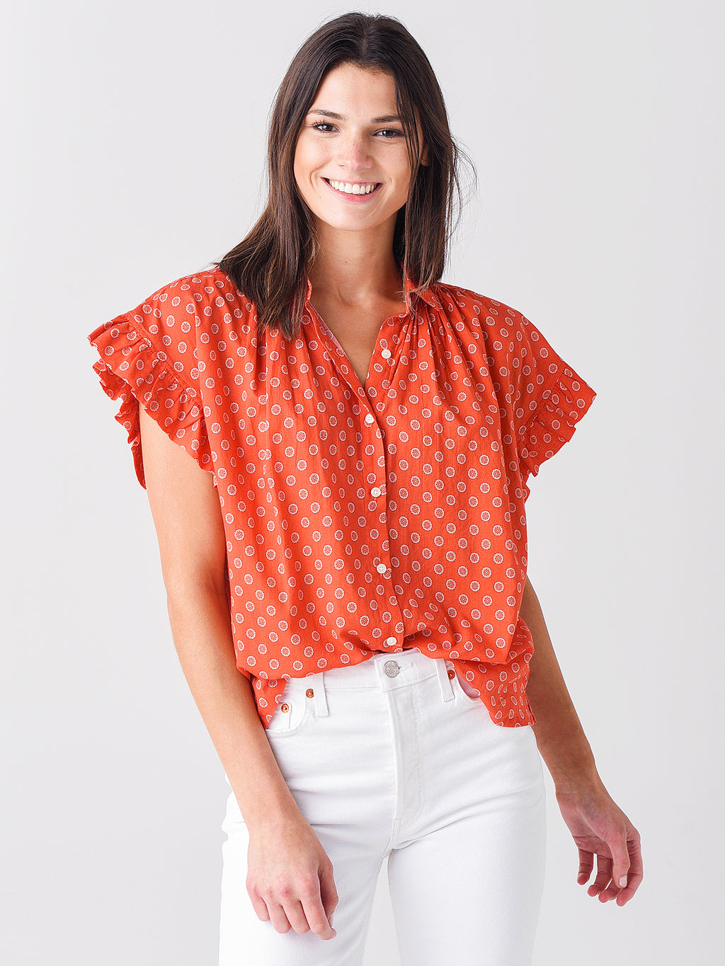 Trovata Women's Marianne "B" Ruffle Sleeve Shirt - Saint Bernard