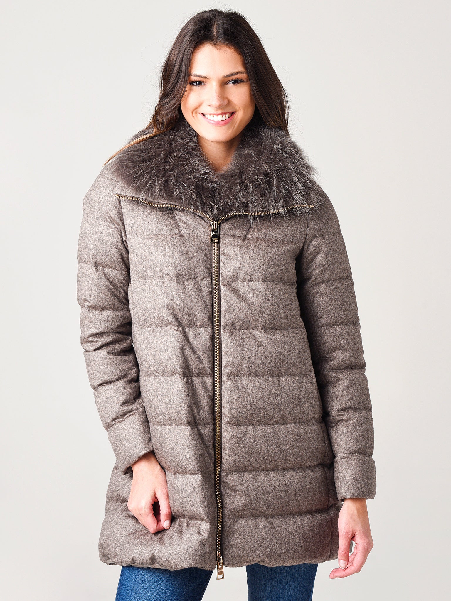 Herno Women’s Woven Half Coat With Fur Collar - Saint Bernard