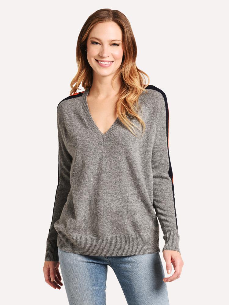 Autumn Cashmere Tech Racing Stripe V Neck Sweater - Saint Bernard