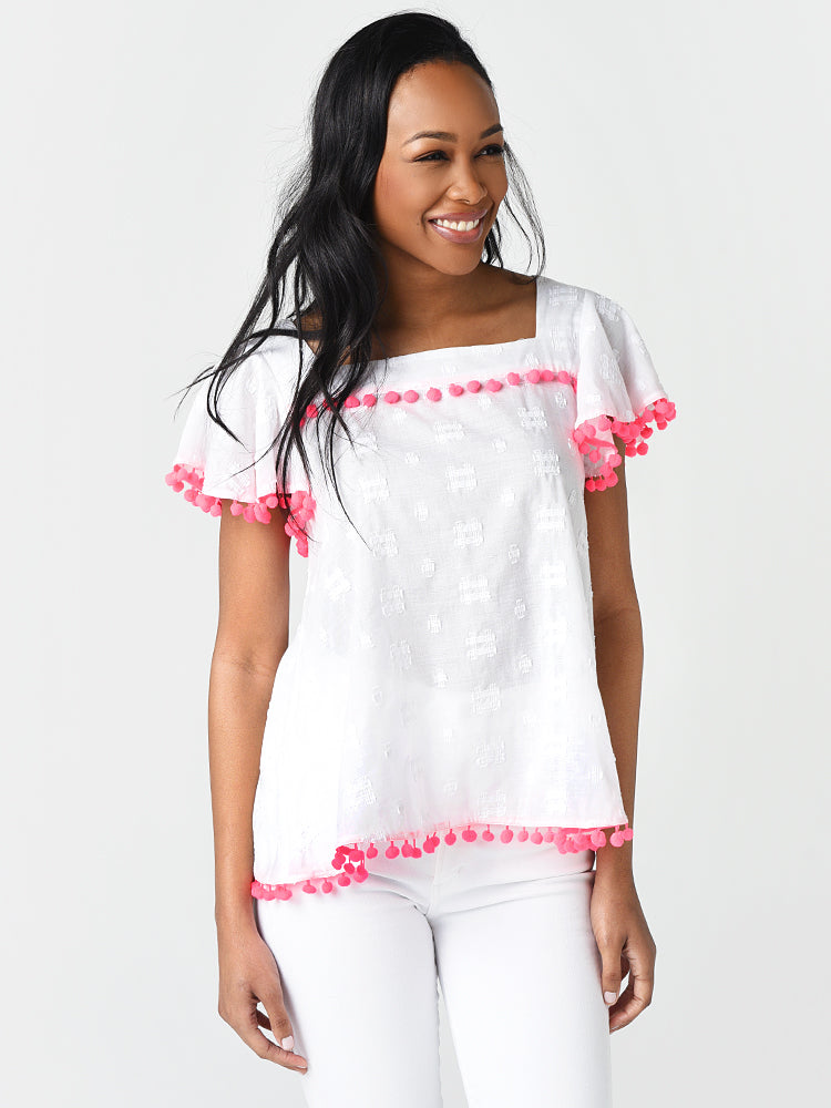 Sail To Sable Women’s Flounce Sleeve Pom Pom Top - Saint Bernard