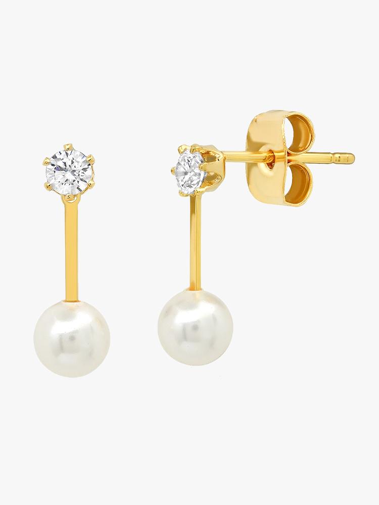 Tai Gold Stick Stud with CZ Solitaire and Pearl Accents