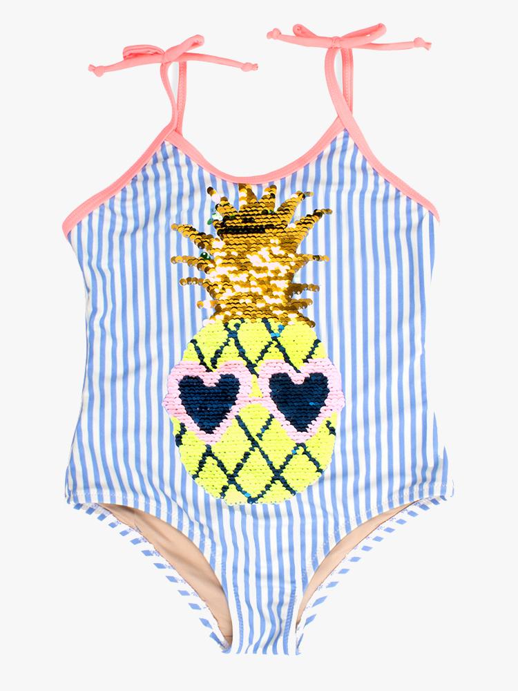 Shade Critters Little Girls’ Pineapple Blue Pinstripe One Piece Swimsuit - Saint Bernard
