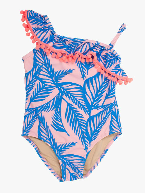 Shade Critters Little Girls’ One Shoulder Blue Palm Reader One Piece Swimsuit With Pom Pom Trim