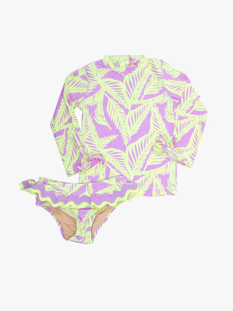 Shade Critters Little Girls’ Citron Purple Palm Reader Two Piece Rashguard Set - Saint Bernard